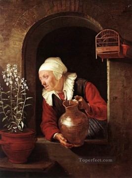  Flor Obras - Anciana regando flores Edad de oro Gerrit Dou